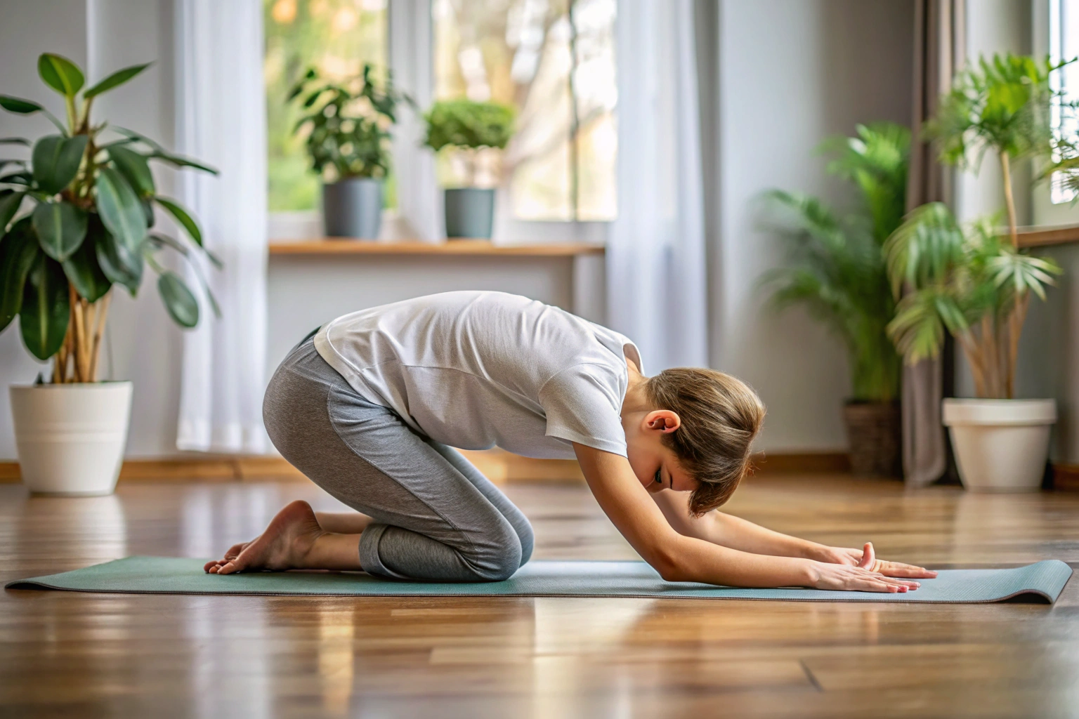 Eine Person in bequemer Kleidung, die auf einer Yogamatte die Kindeshaltung ausführt, in einem ruhigen, natürlichen Raum ohne erkennbare Objekte