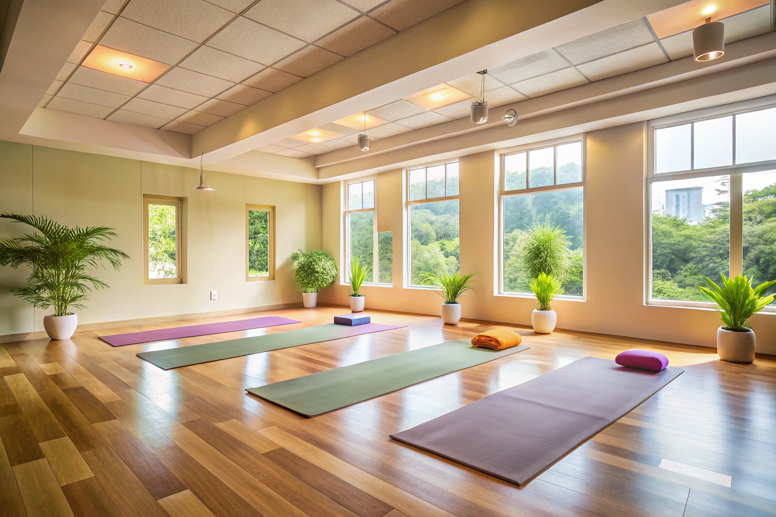 Eine friedliche Ansicht des Yoga-Studios mit weichen Farben, natürlichem Licht und leeren Matten, die eine einladende und ruhige Umgebung symbolisieren