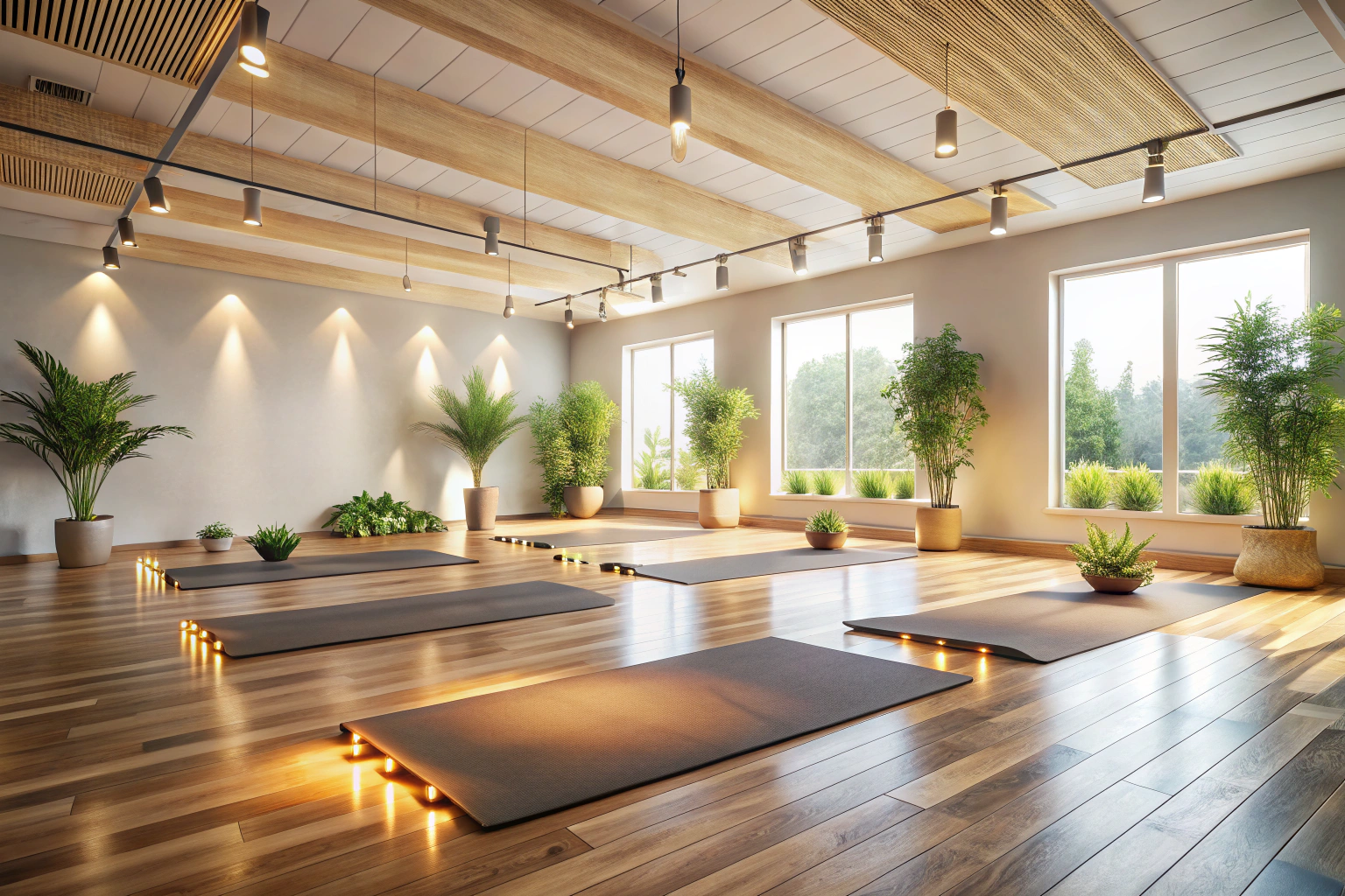 Eine ruhige Aufnahme eines Yoga-Studios mit leeren Matten auf einem hellen Holzboden, umgeben von sanftem Licht und Pflanzen, die eine entspannte Atmosphäre schaffen