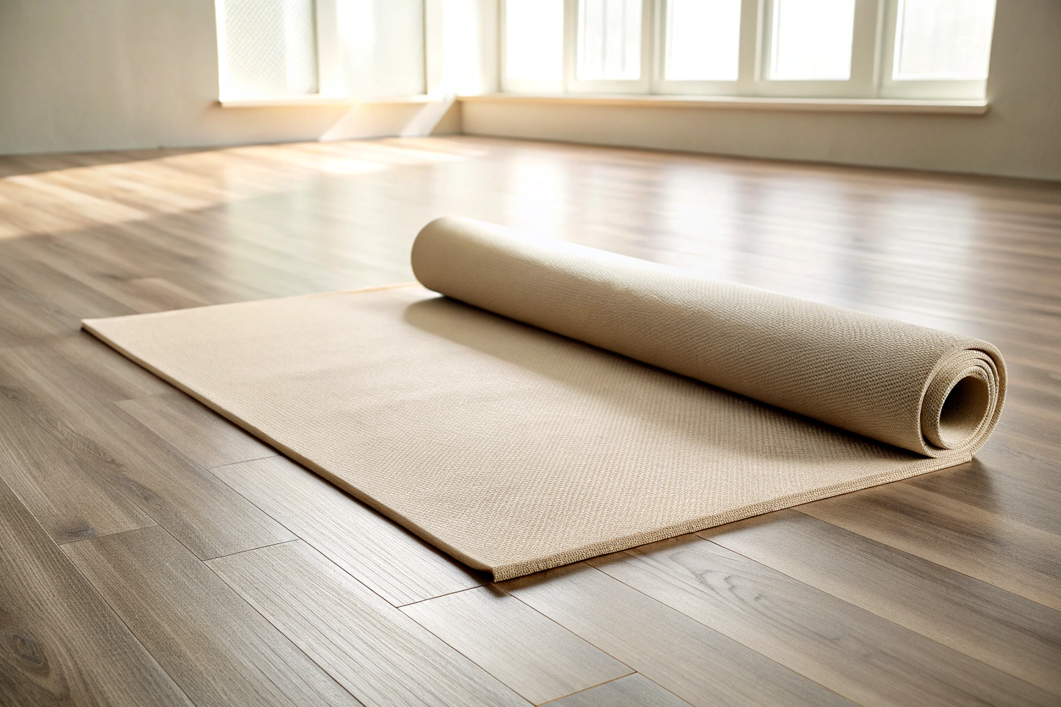 Eine hochwertige Yoga-Matte in einer neutralen Farbe, die auf einem sauberen Boden liegt, mit einer glatten Oberfläche und ohne sichtbare Markierungen oder Logos