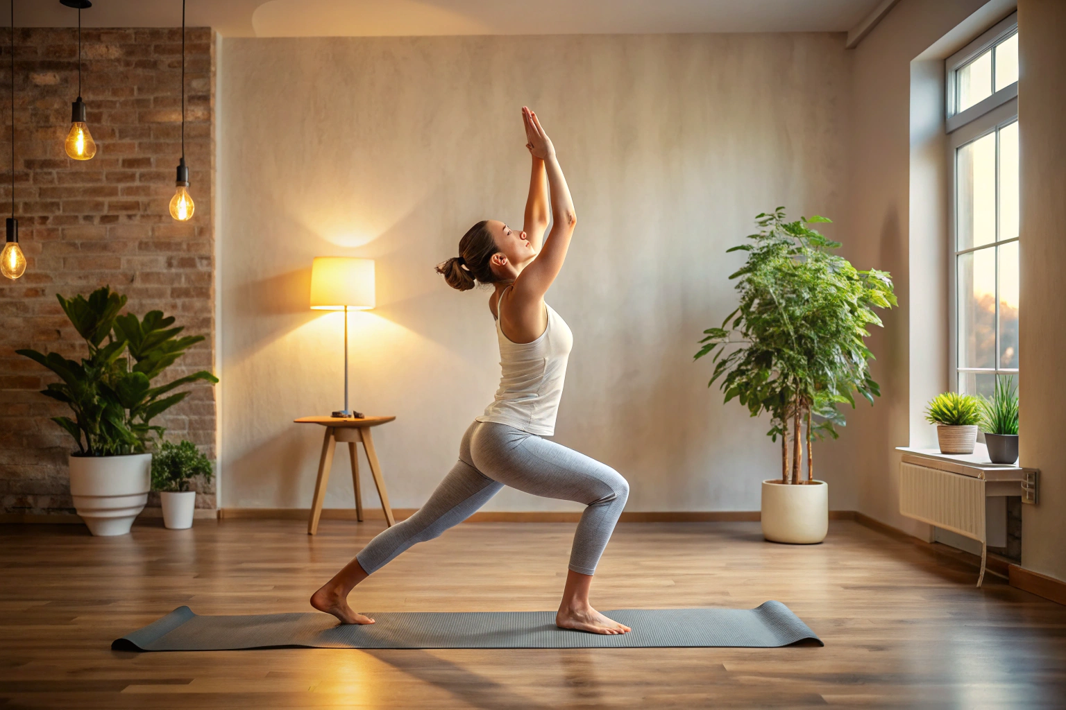 A person performing a simple yoga pose in a peaceful, uncluttered room with soft lighting, no identifiable elements