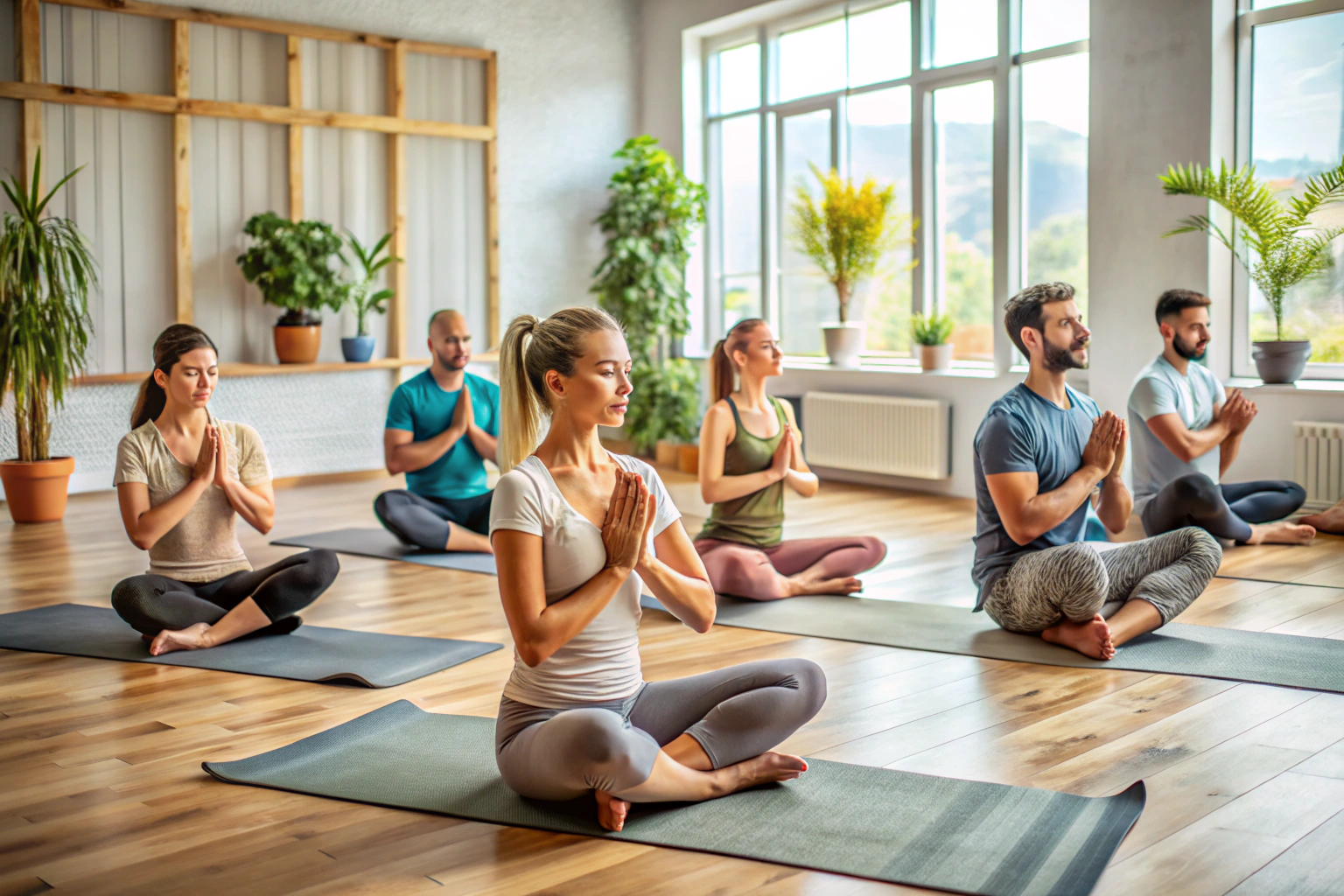 A diverse group of people practicing different yoga styles in a peaceful studio setting, with mats and soft lighting, showing variations in poses from Hatha to Vinyasa to Yin, all without any text or logos